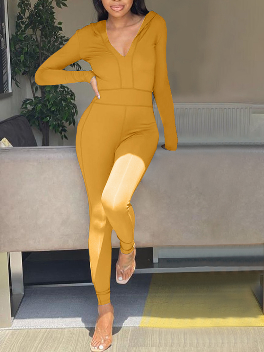 

Lovely V Neck Basic Skinny Jumpsuit, Yellow