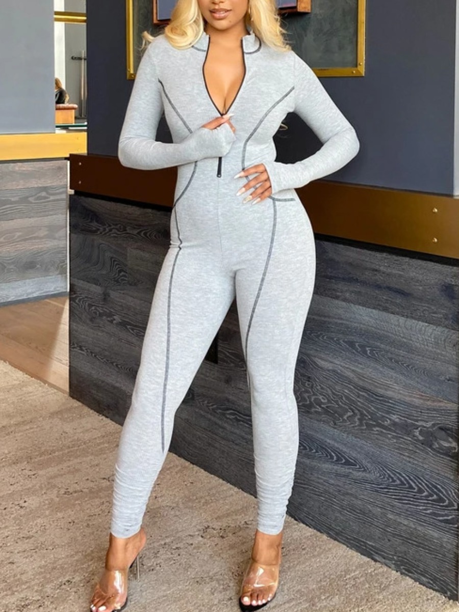 

Lovely Striped Basic Skinny Jumpsuit, Grey