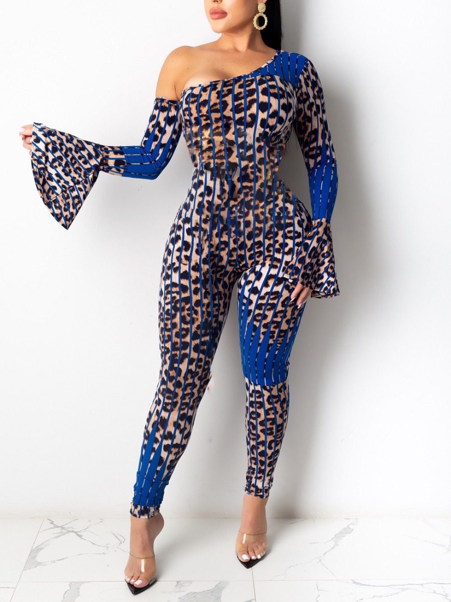 

LW One Shoulder Leopard Print Flared Jumpsuit, Blue