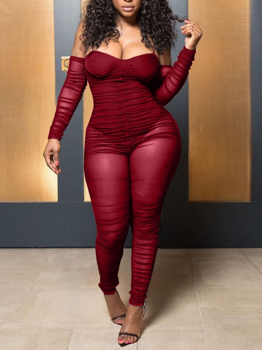 

LW SXY Ruched See-through Jumpsuit, Wine red