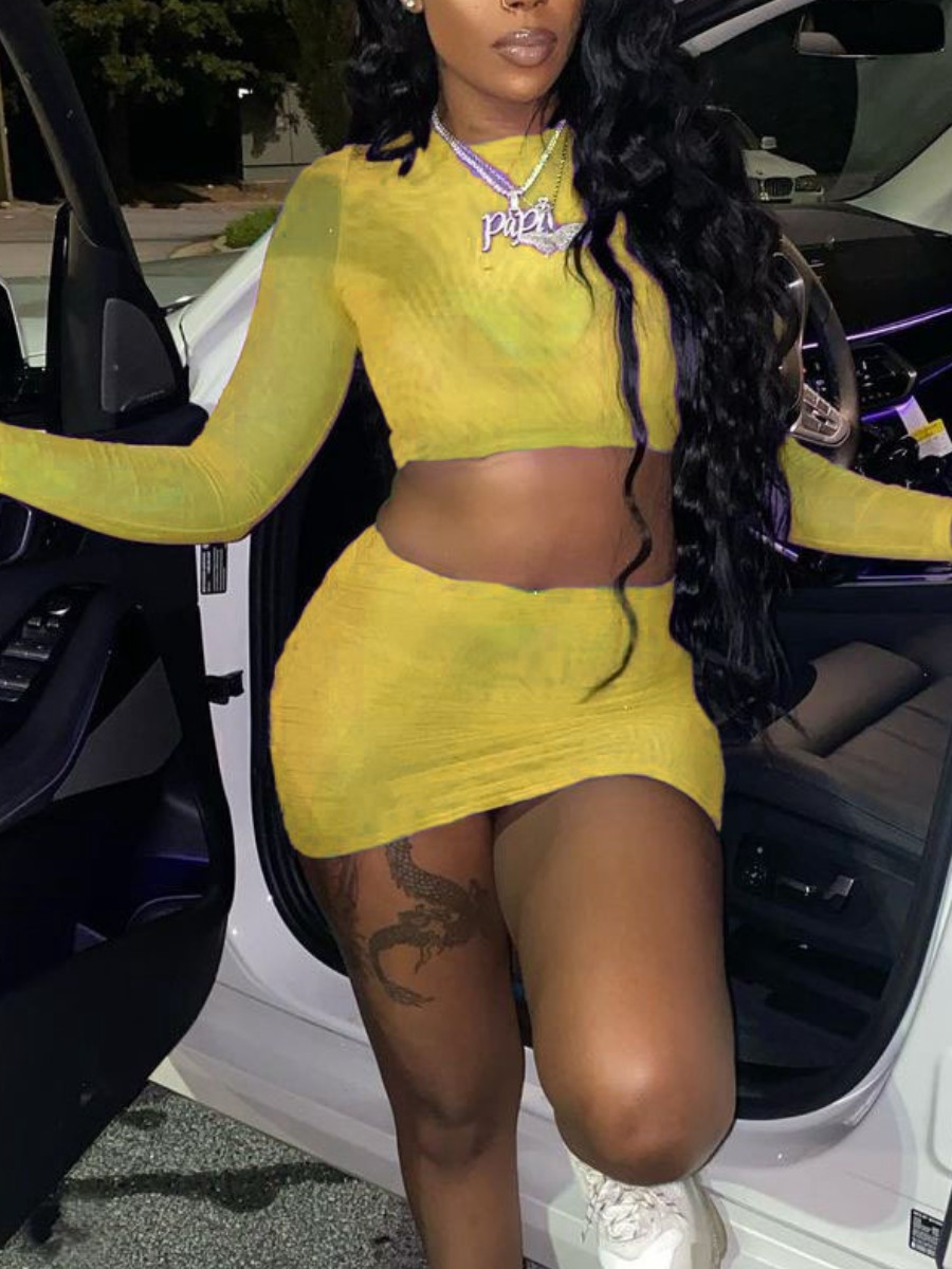 

LW SXY See-through Crop Top Skirt Set, Yellow