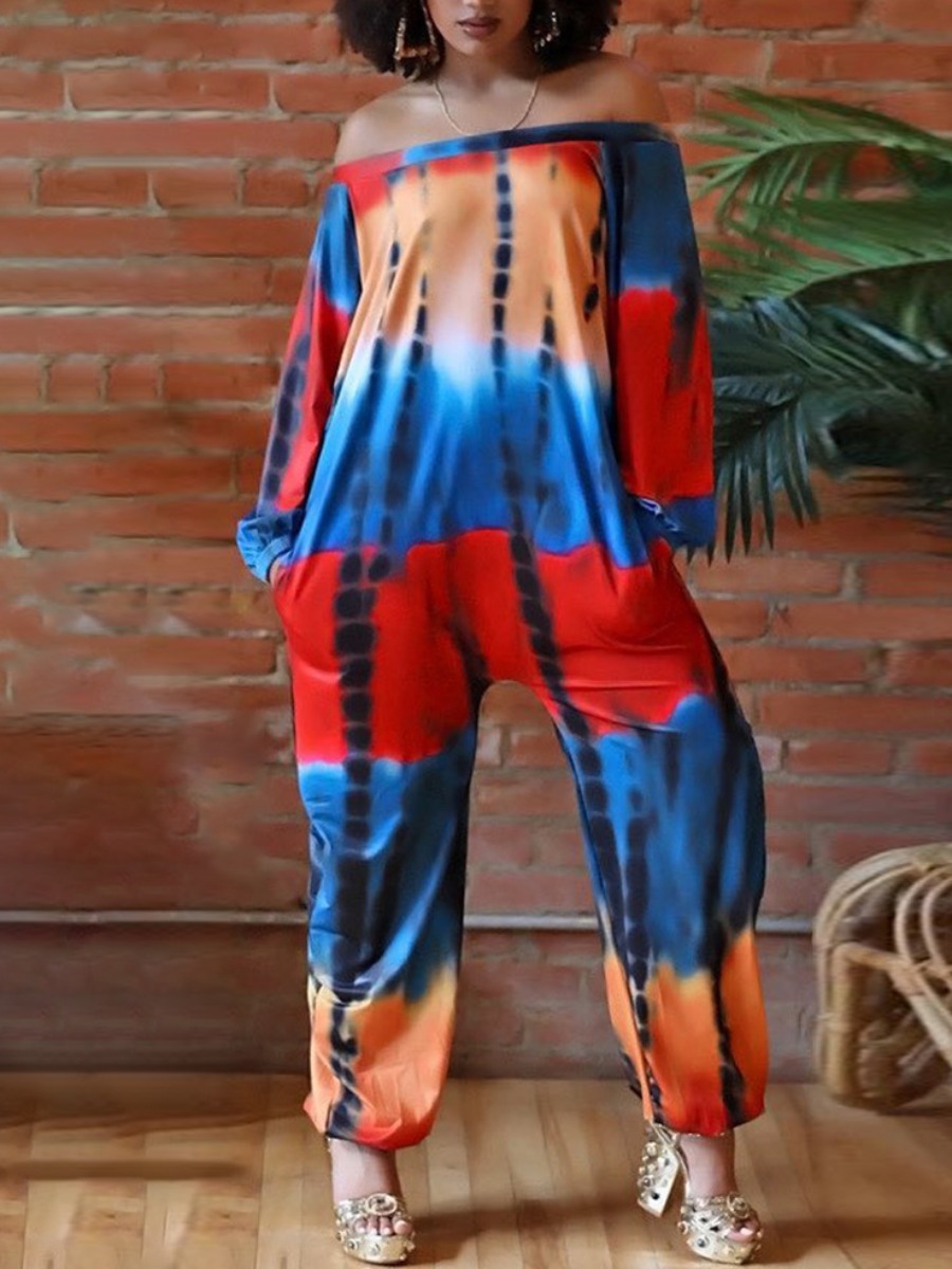 

LW Plus Size Off The Shoulder Tie-dye Jumpsuit, Blue