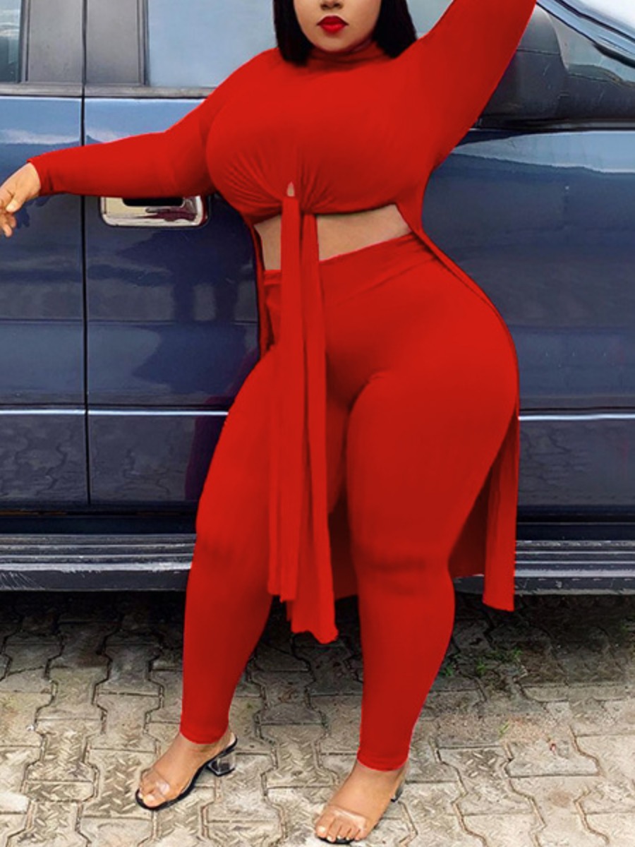 

LW Plus Size High-waisted High Split Pants Set, Red