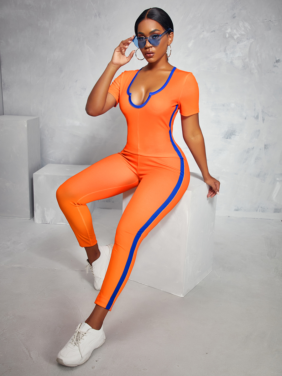 

LW V Neck Striped Jumpsuit, Orange