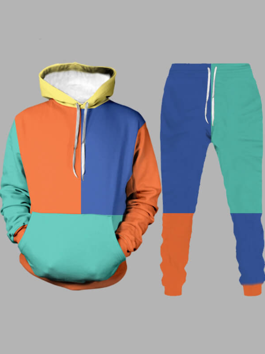 

LW Men Hooded Collar Color-lump Patchwork Pants Set, Multi