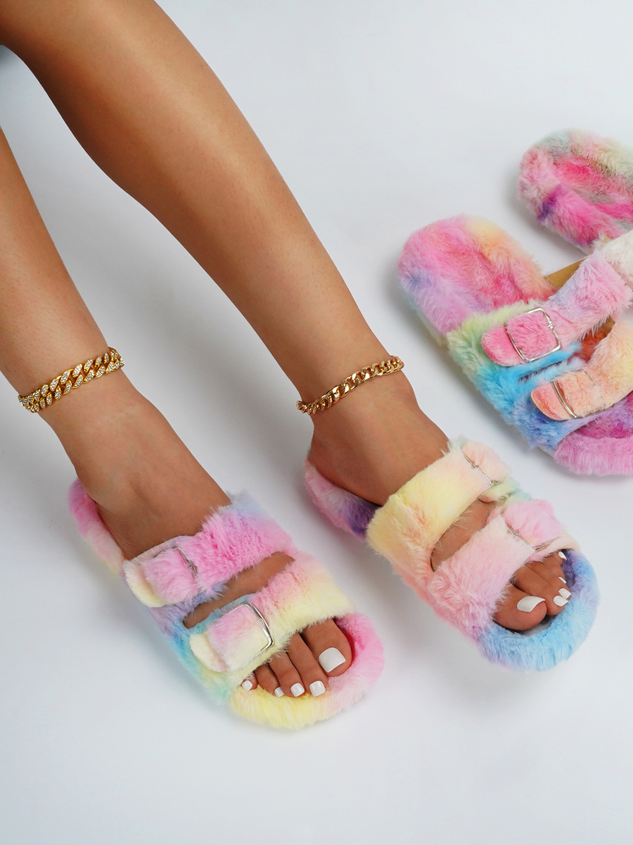 

LW Plush Buckle Design Slippers, Multi