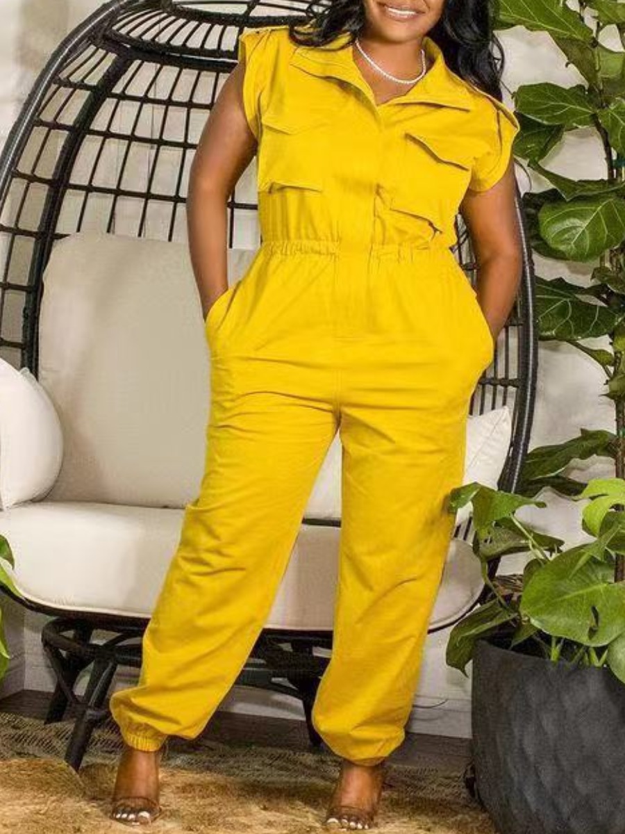 

LW Plus Size Turndown Collar Pocket Design Jumpsuit, Yellow