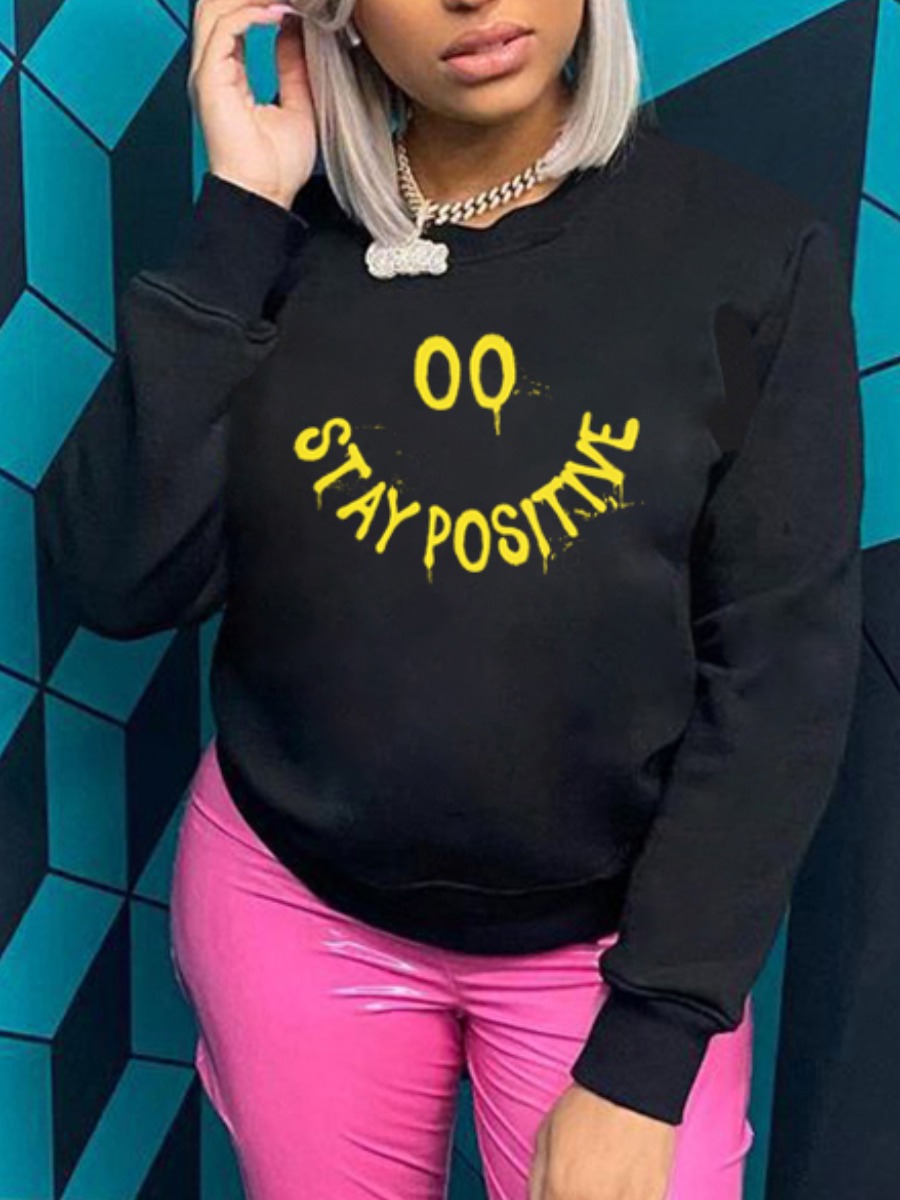 

LW Round Neck Letter Print Hoodie, Black
