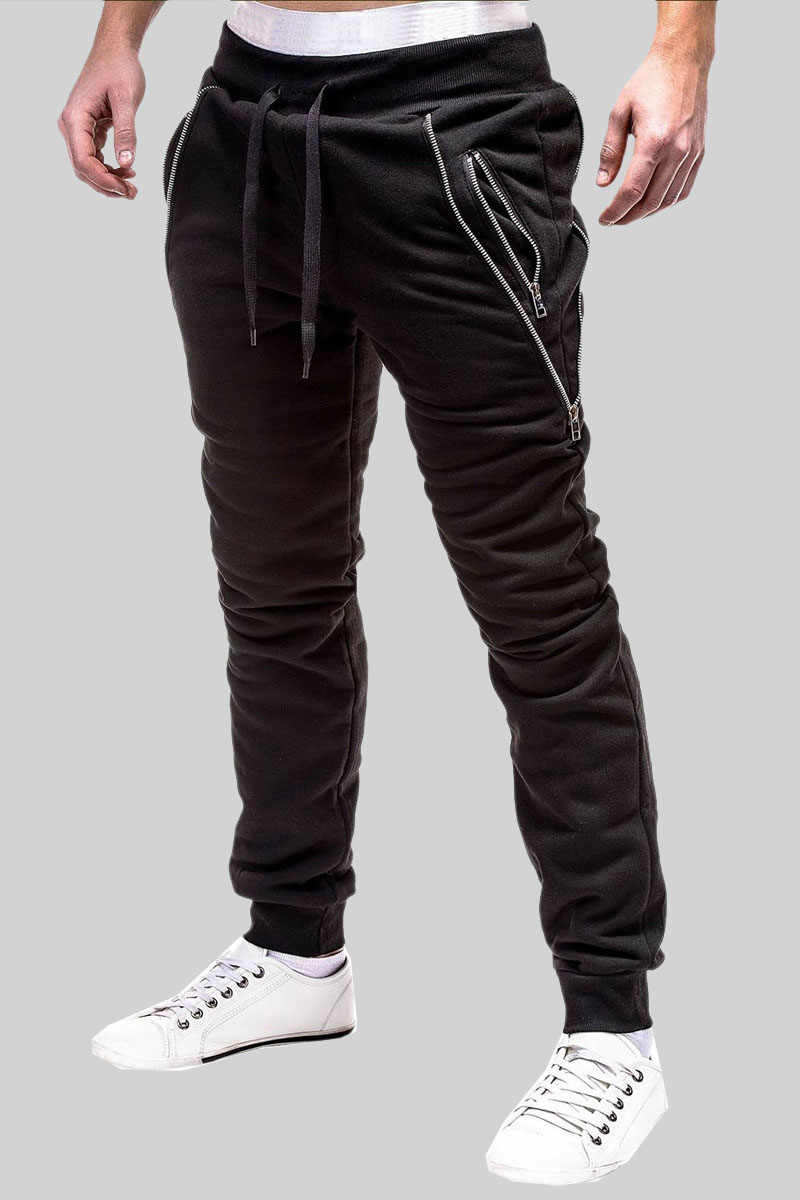 

LW COTTON Men Zipper Design Drawstring Pants, Black