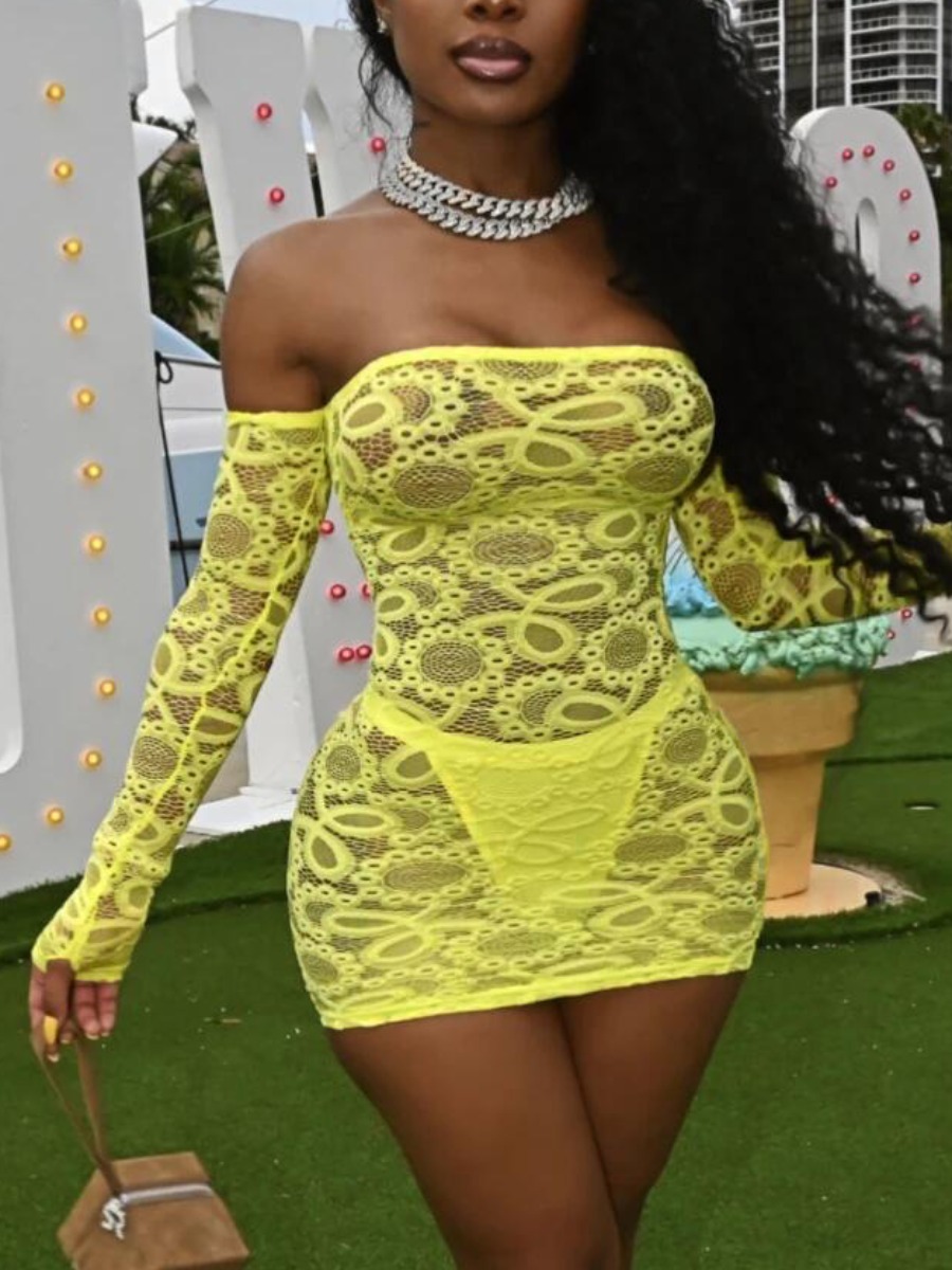 

LW SXY Off The Shoulder See-through Bodycon Dress, Yellow