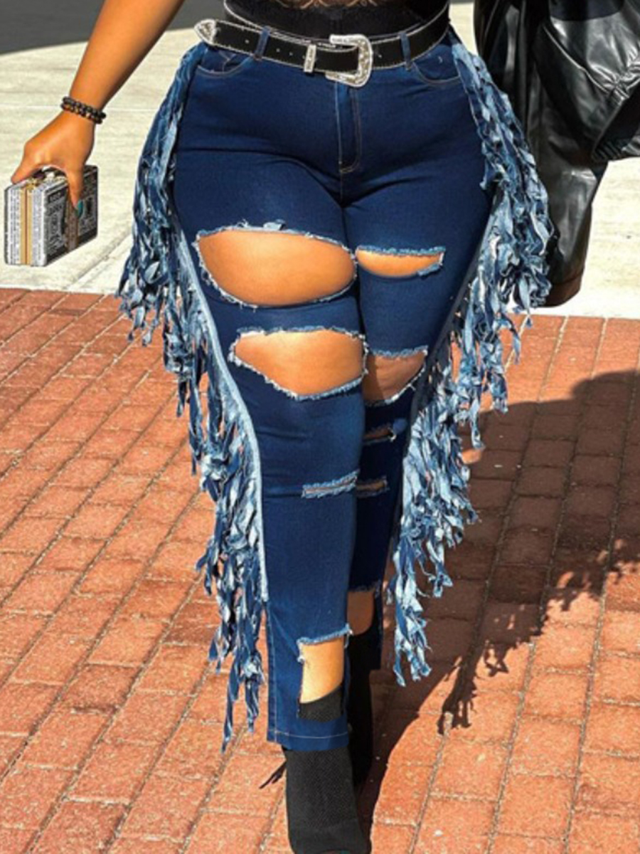 

LW Plus Size Ripped Tassel Design Jeans, Deep blue