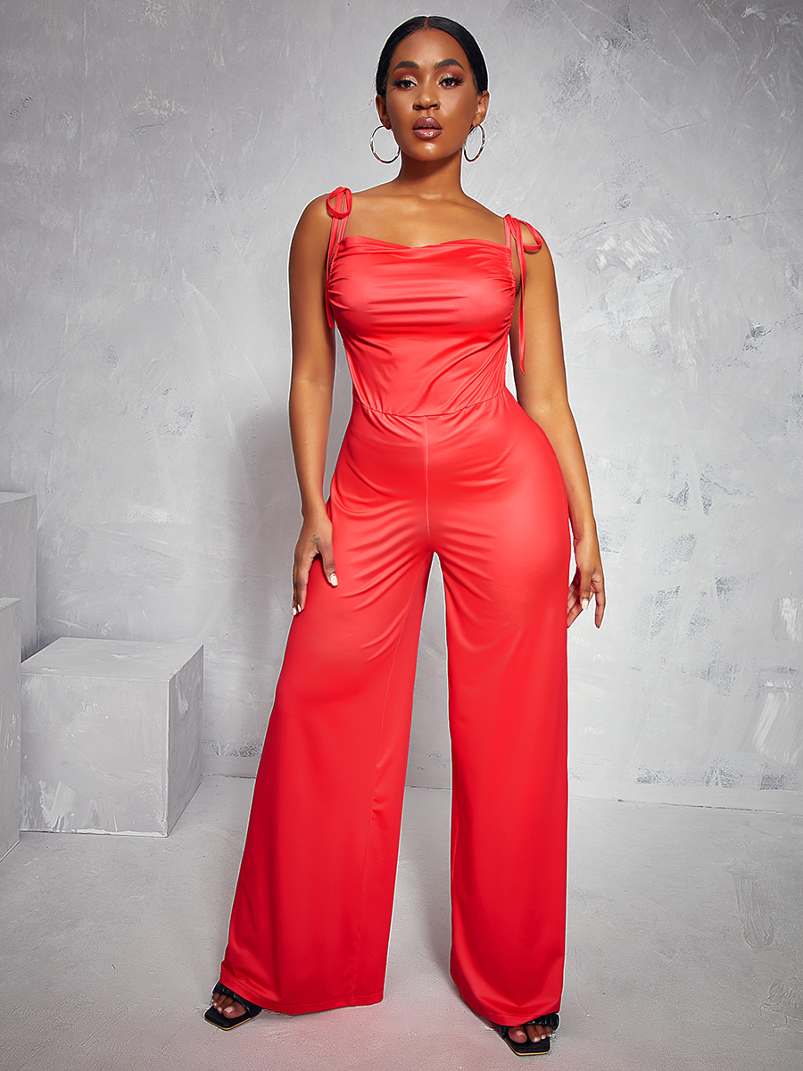 

LW Tie Shoulder Wide Leg One-piece Jumpsuit, Red