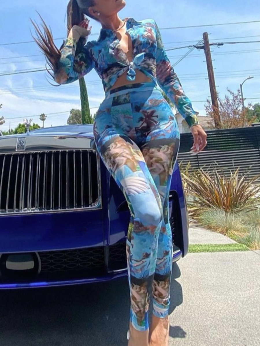 

LW Figure Print High-waisted Pants Set, Blue