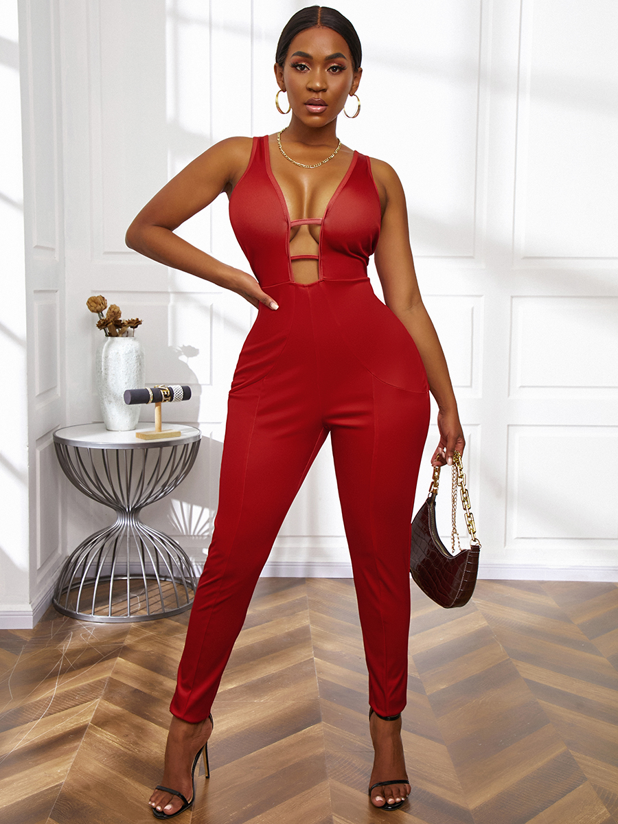 

LW Hollow-out Bodycon One-piece Jumpsuit, Wine red