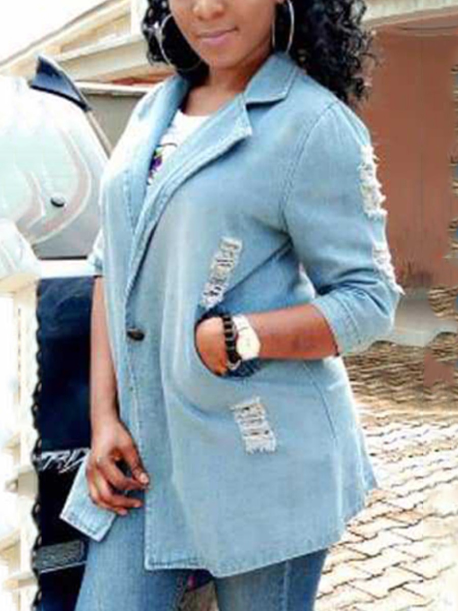 

LW Turndown Collar Ripped Denim Coat, Baby blue