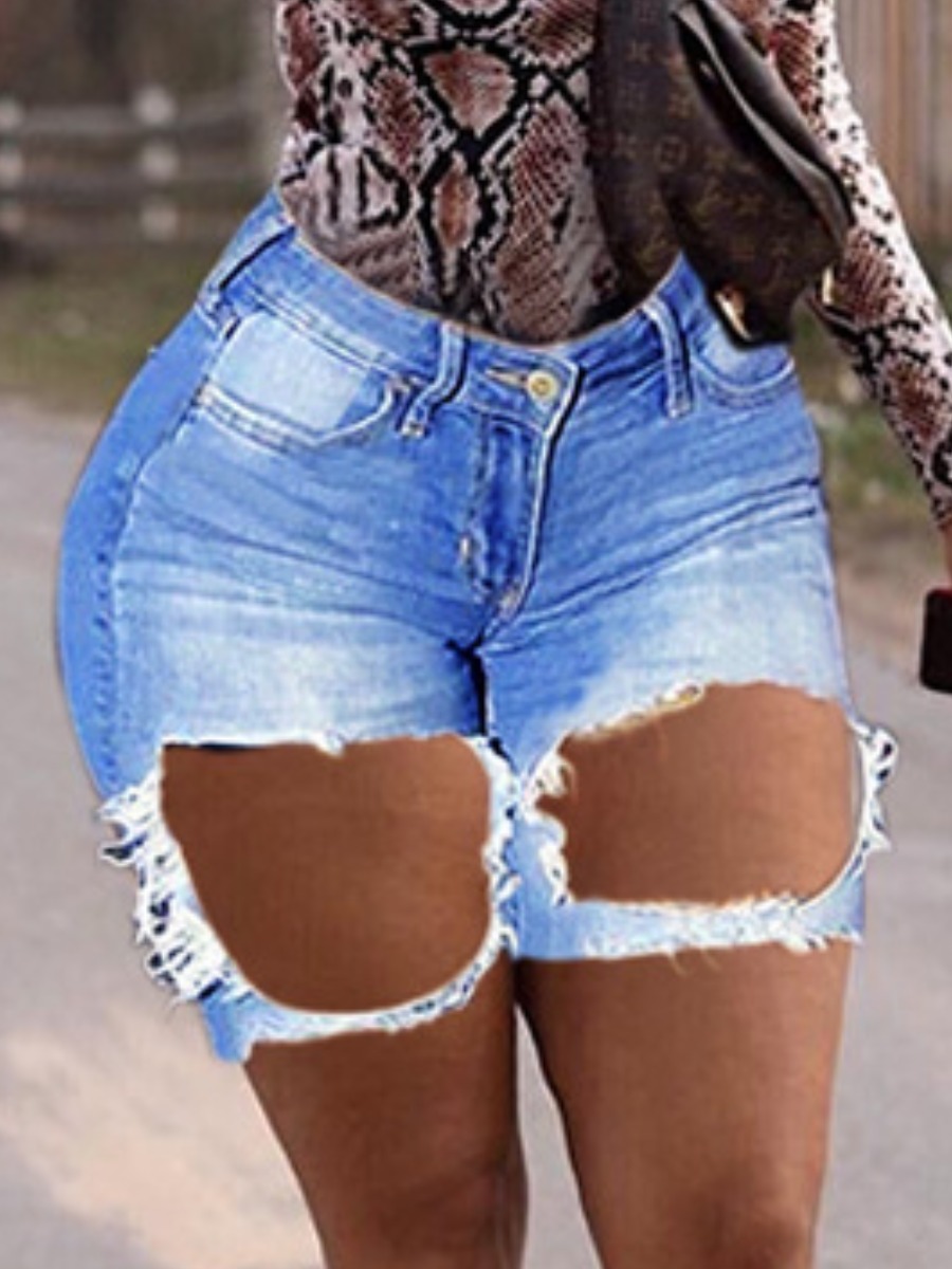LW High-waisted Ripped Denim Shorts, Blue
