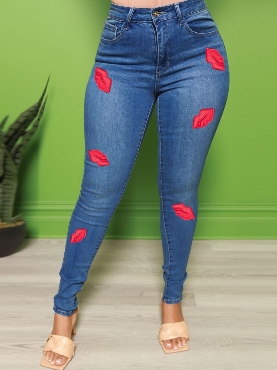 

LW Plus Size High-waisted Lip Print Jeans, Blue