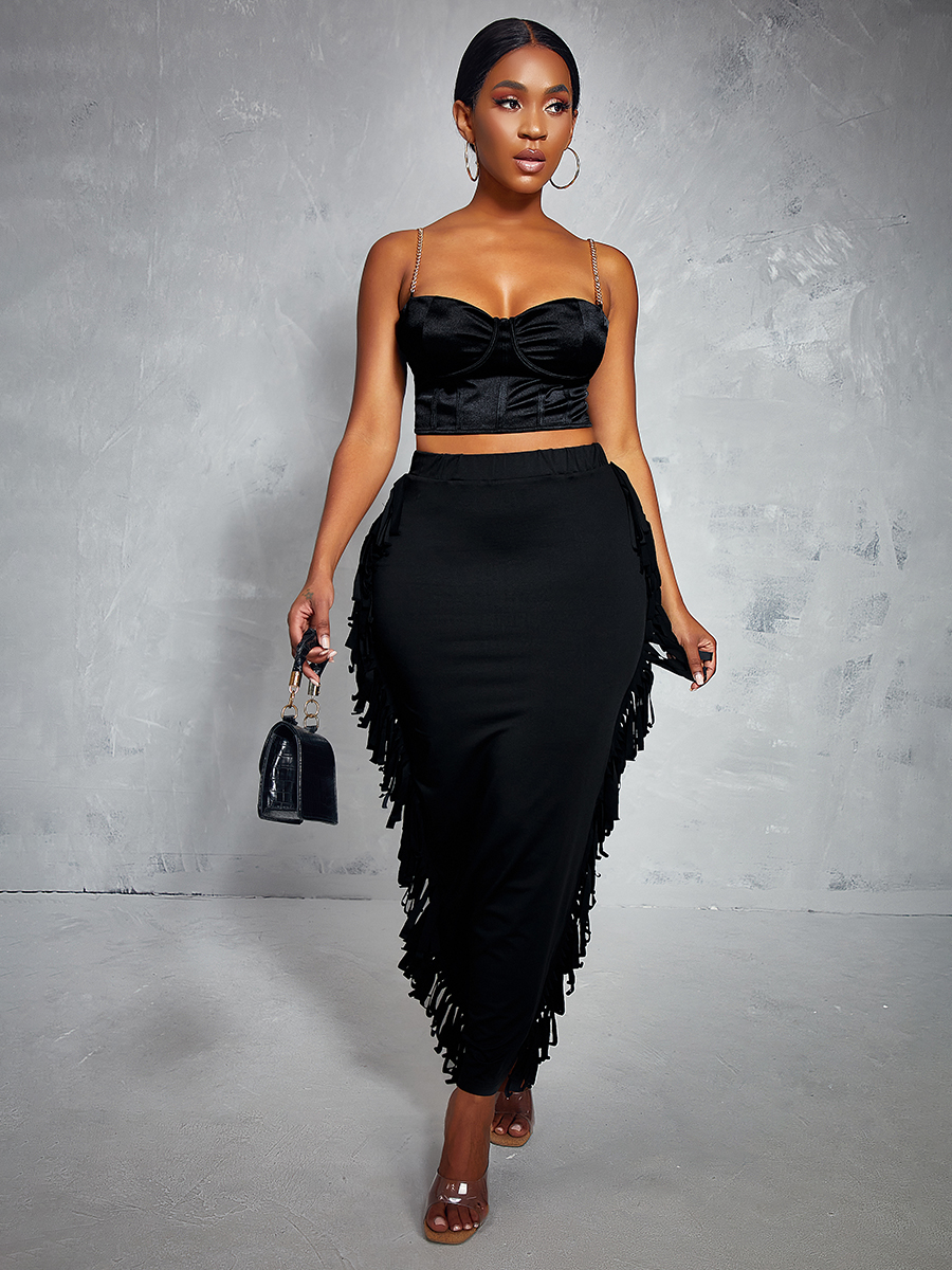 

LW High-waisted Tassel Design Skirt, Black