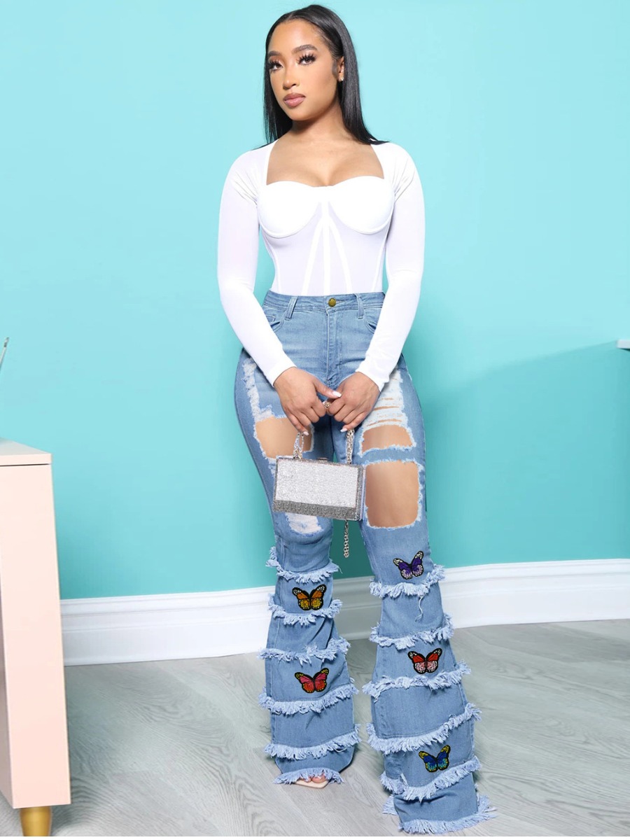 Lovely Butterfly Print Ripped Raw Edge Jeans