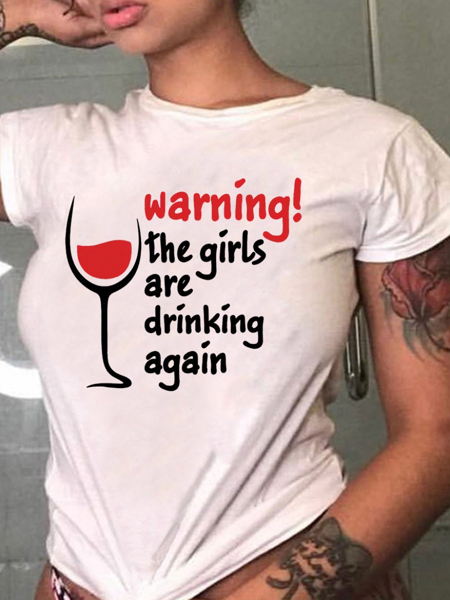 LW BASICS Wine Glass Letter Print T-shirt