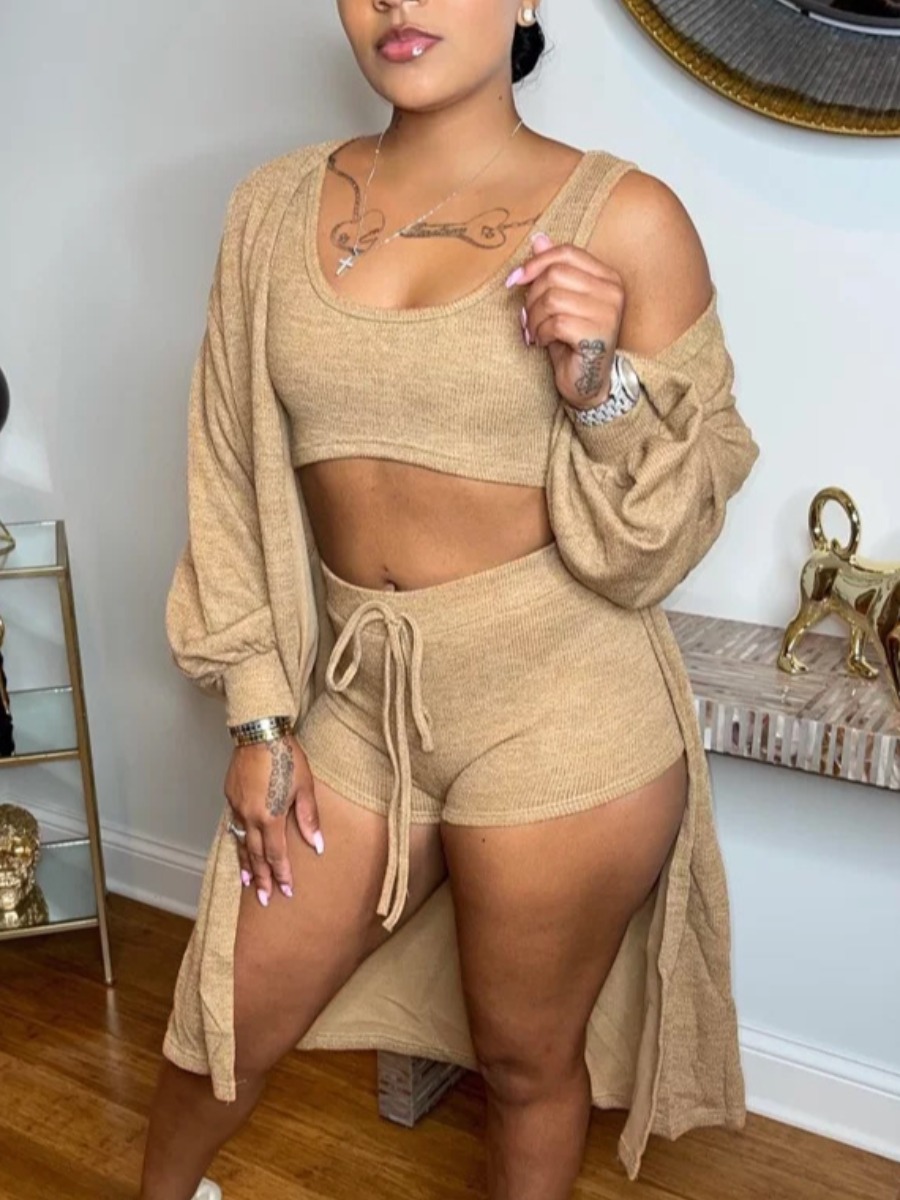 

LW U Neck Drawstring Three Piece Shorts Set, Khaki