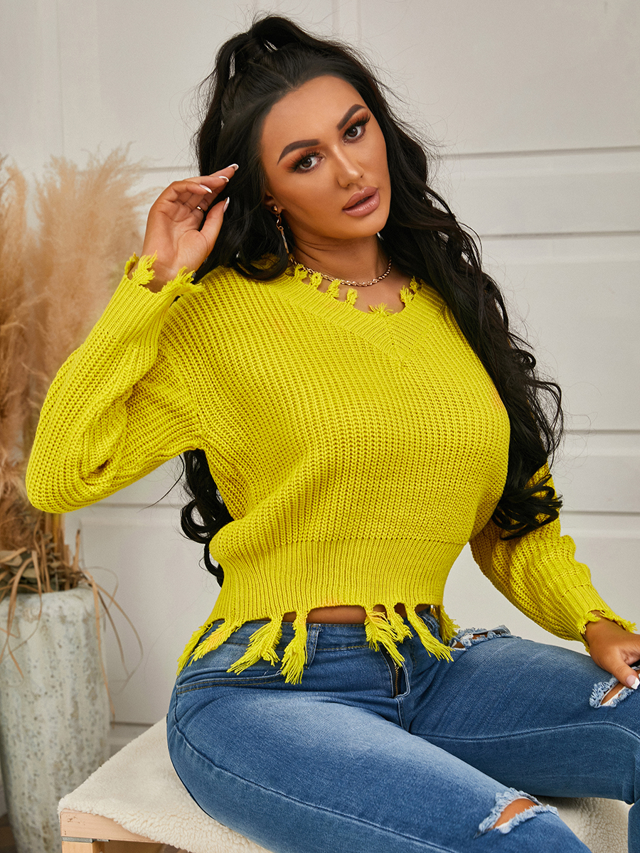 

LW COTTON Bateau Neck Solid Tear Loose Sweaters & Cardigans, Yellow