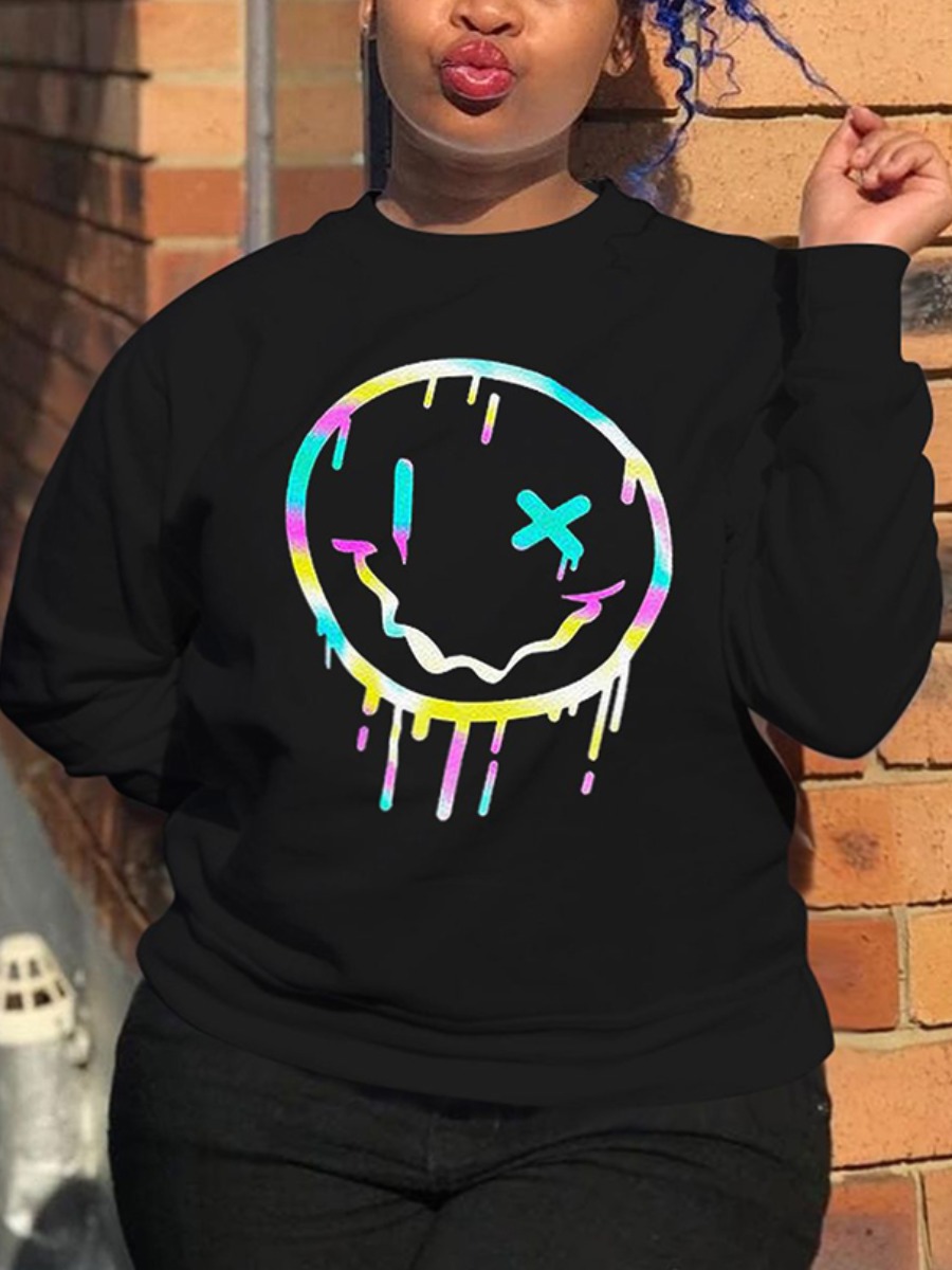 

LW Plus Size Round Neck Cartoon Print Hoodie, Black
