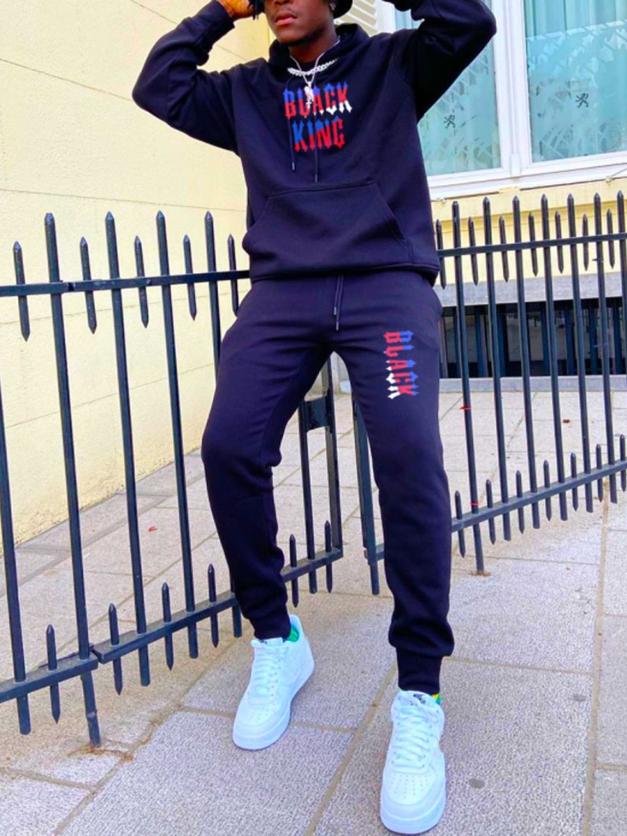 

LW Men Hooded Collar Letter Print Pants Set, Navy blue