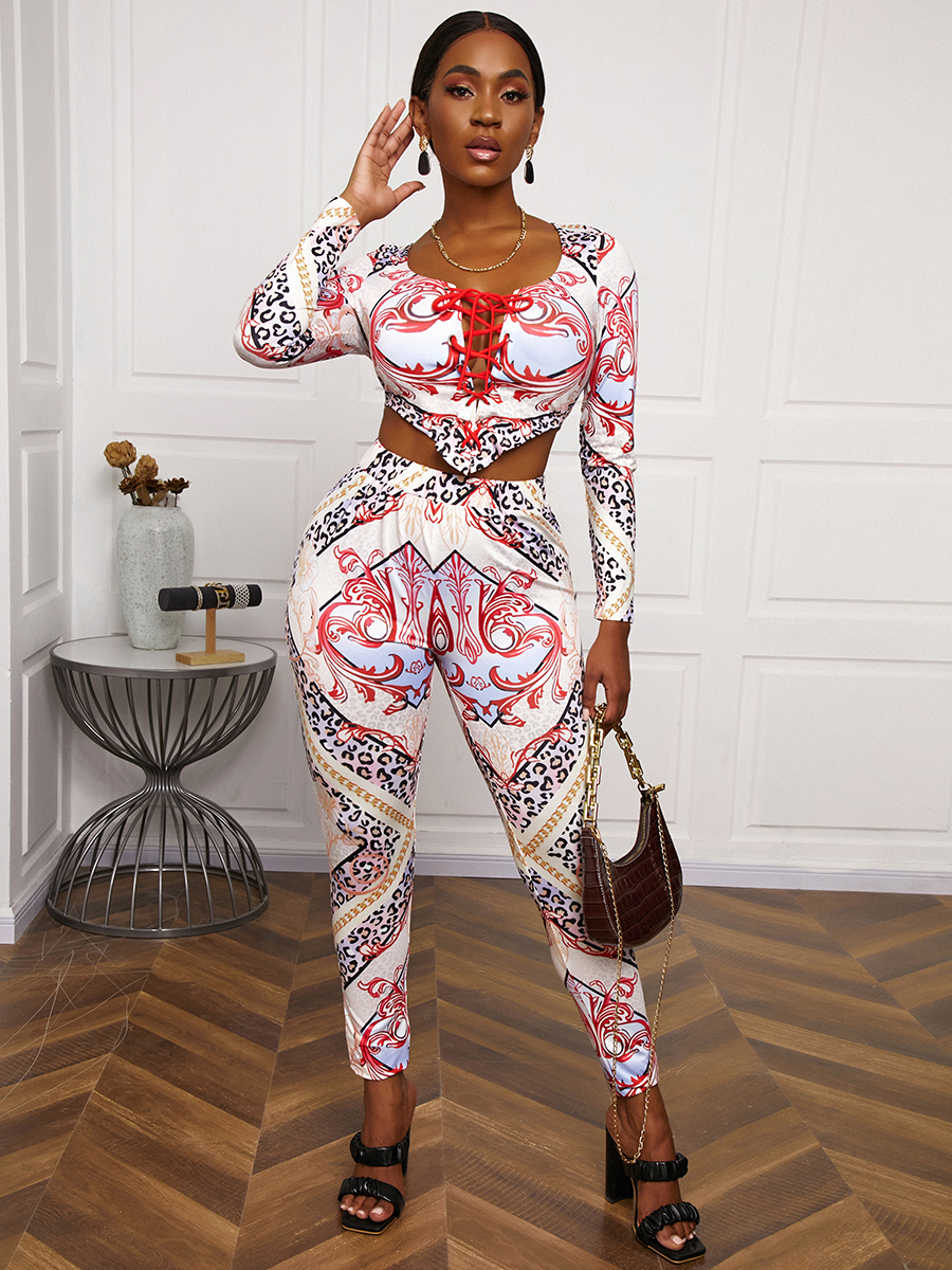 

LW SXY Geometric Print Bandage Design Two Piece Pants Set, Apricot