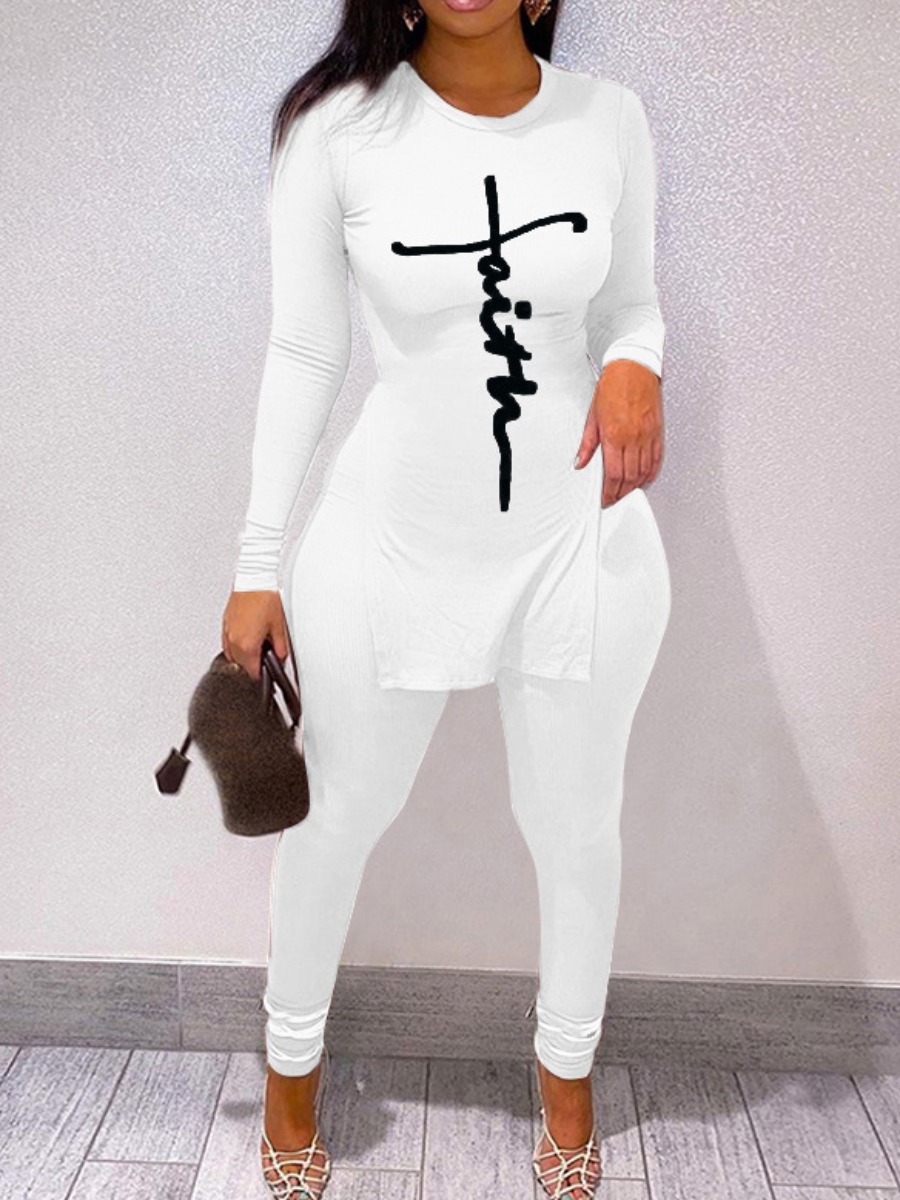 

LW Letter Print Side Slit Pants Set, White