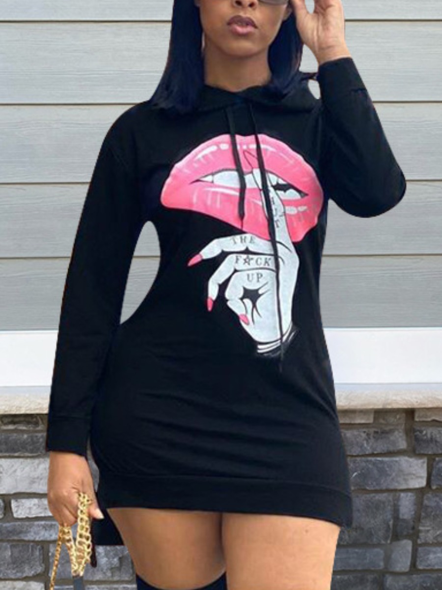 

LW Lip Letter Print Sweat Dress, Black