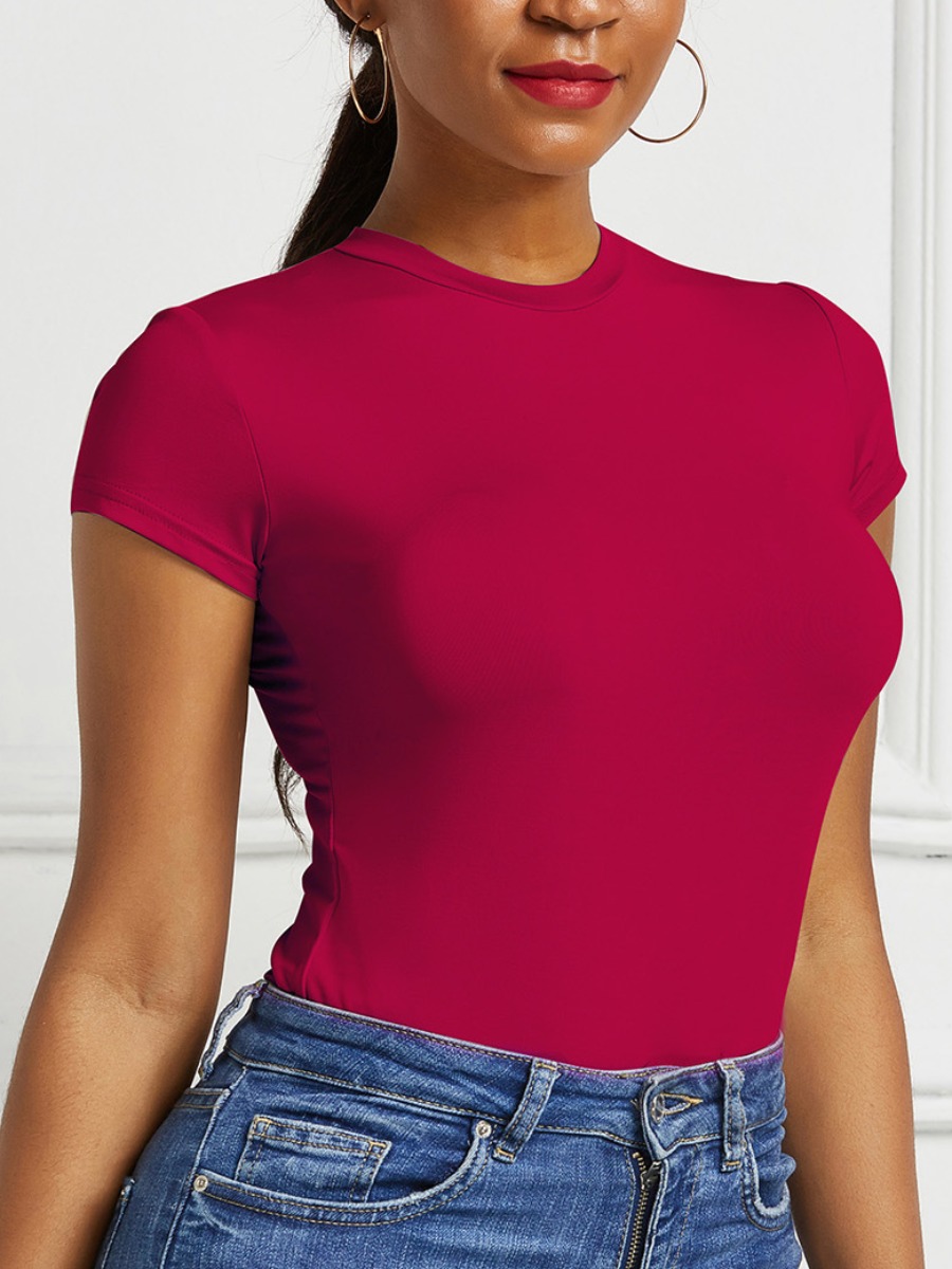 

LW BASICS Round Neck Skinny Bodysuit, Wine red