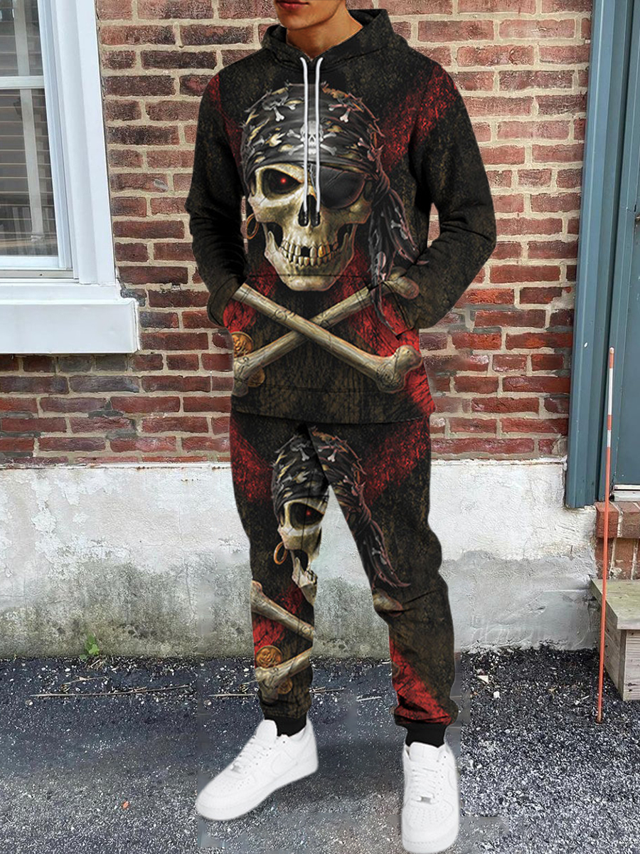 

LW Men Hooded Collar Skull Head Print Pants Set, Black