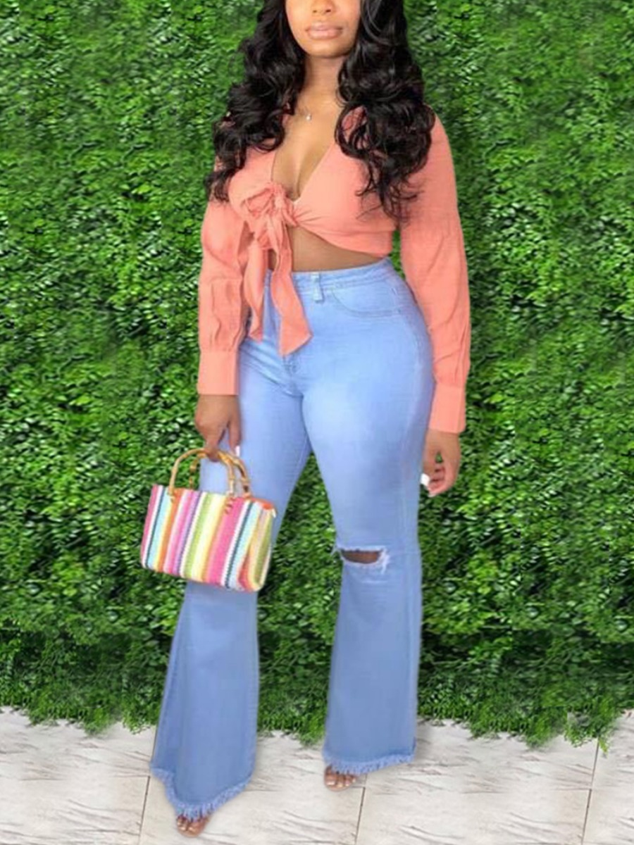 

LW BASICS Plus Size Ripped Raw Edge Jeans, Baby blue