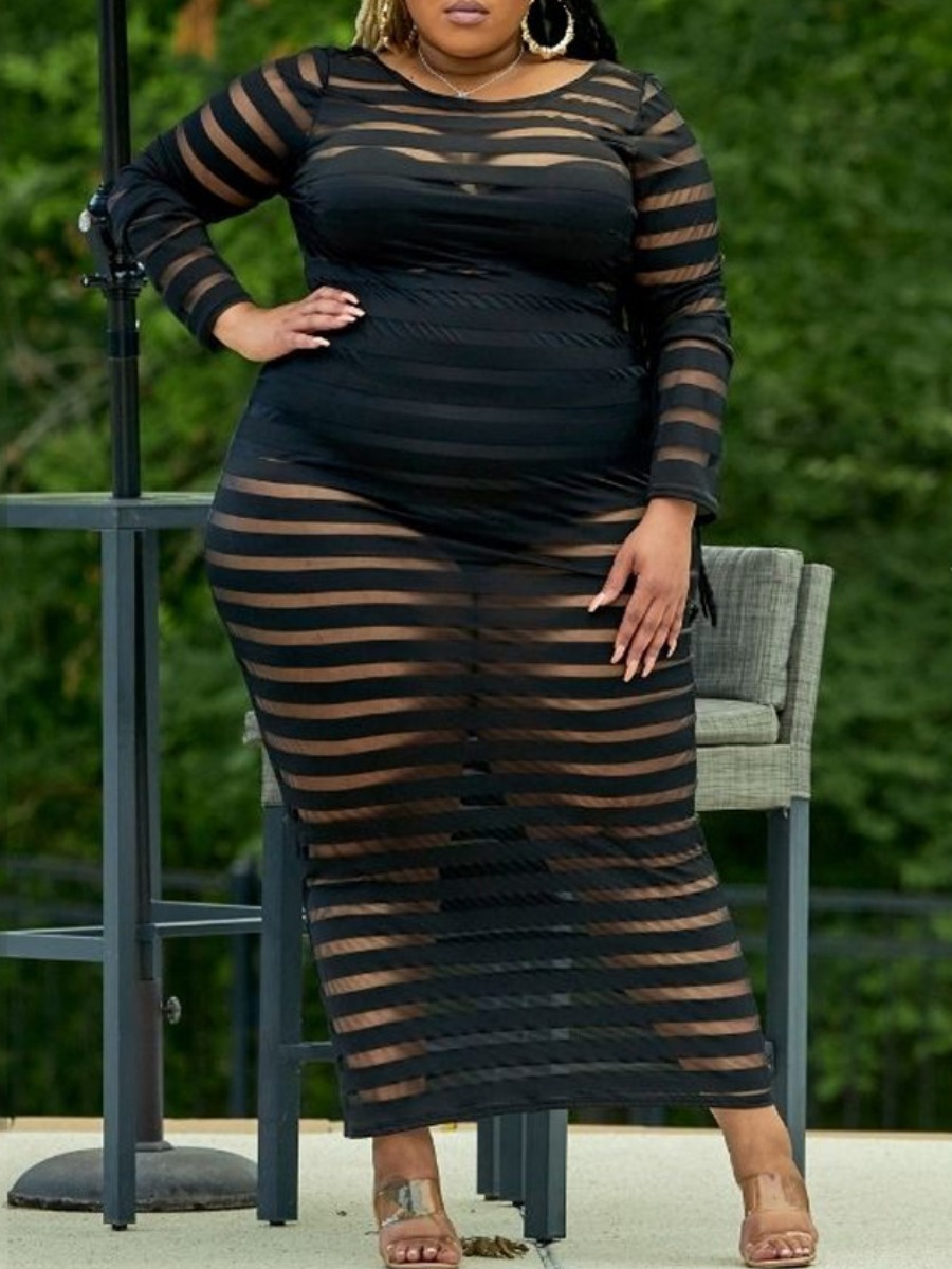 

LW SXY Plus Size Round Neck See-through Dress, Black