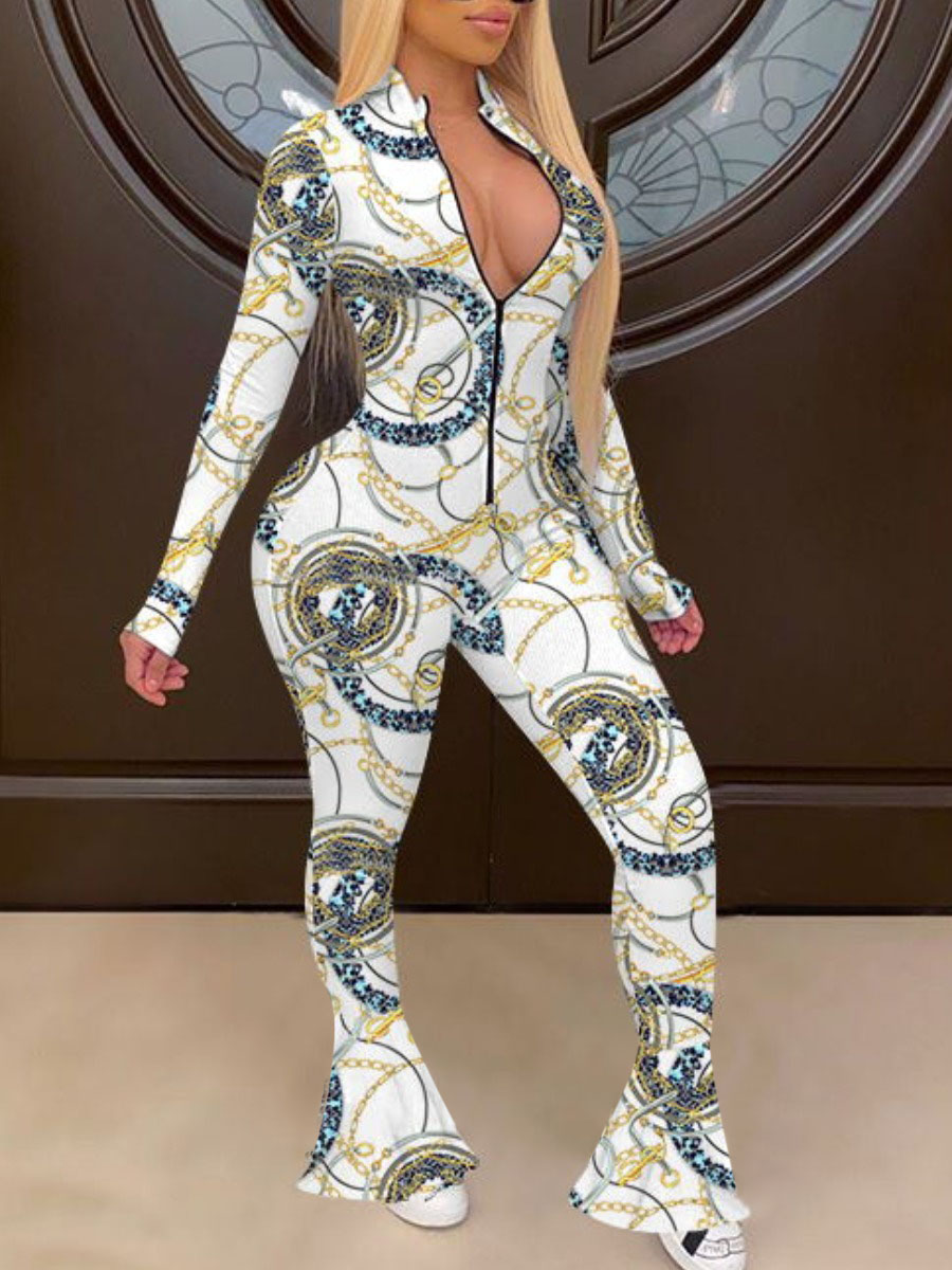 

LW Chain Print Flared Jumpsuit, White