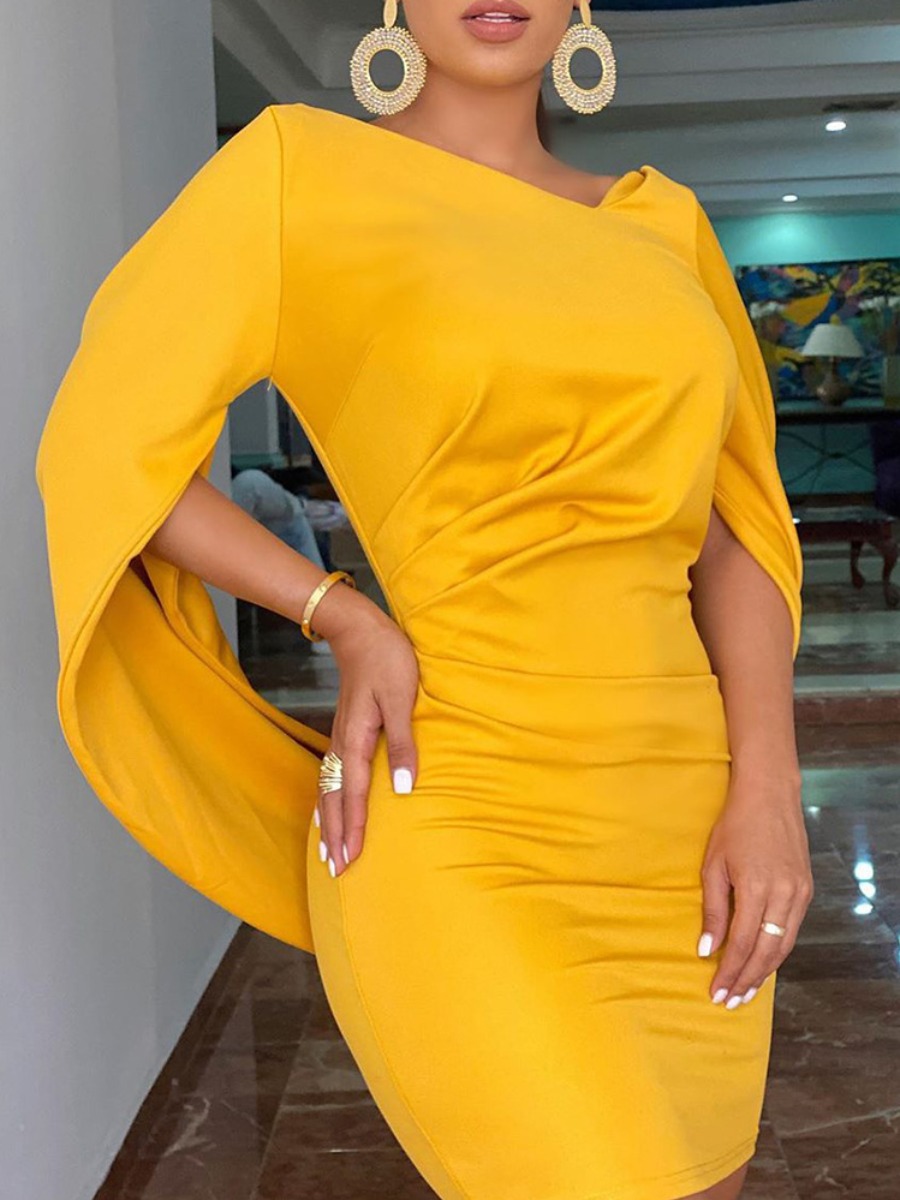 

LW V Neck Connected Sleeve Bodycon Prom Dress, Yellow