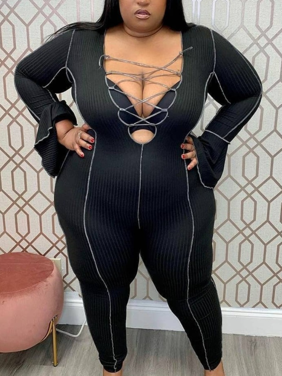 

LW Plus Size Striped Bandage Design Skinny Jumpsuit, Black