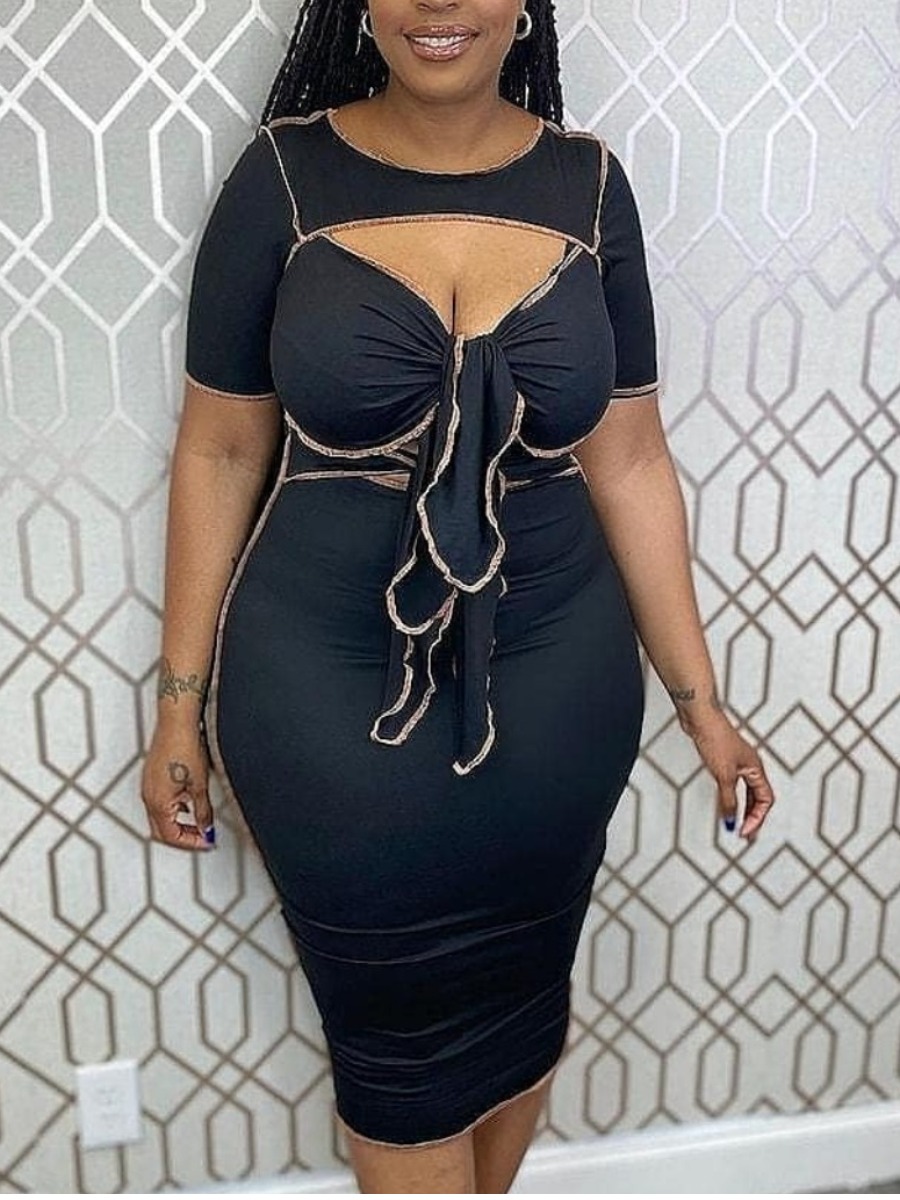 

LW Plus Size Striped Bandage Design Bodycon Dress, Black