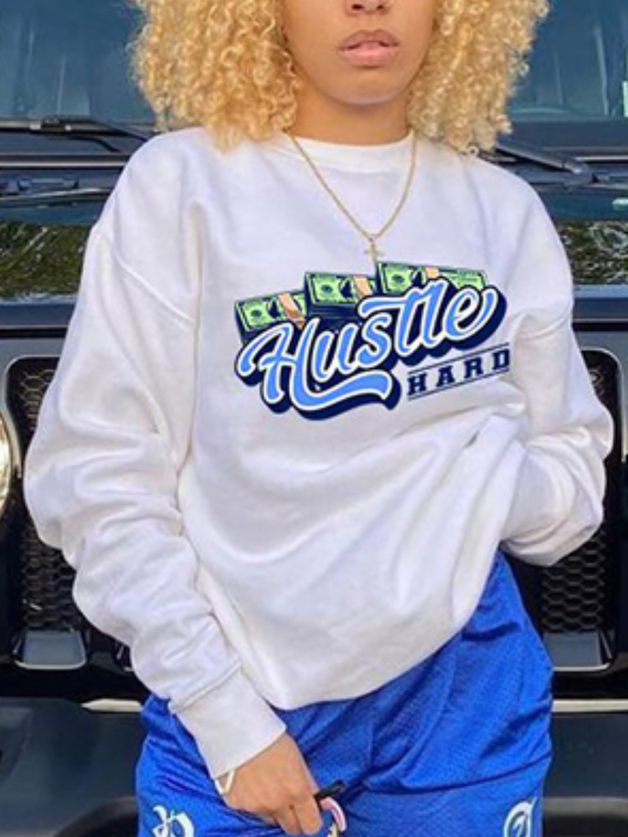 

LW Money Letter Print Oversized Hoodie, White