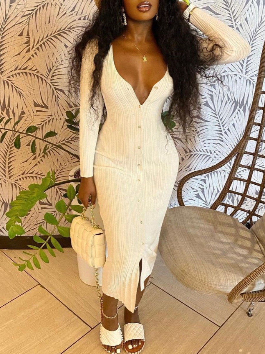

LW V Neck Button Design Dress, White