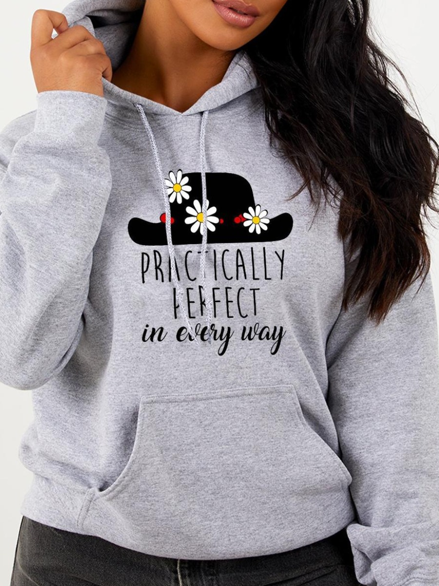 

LW Plus Size Floral Letter Print Hoodie, Grey