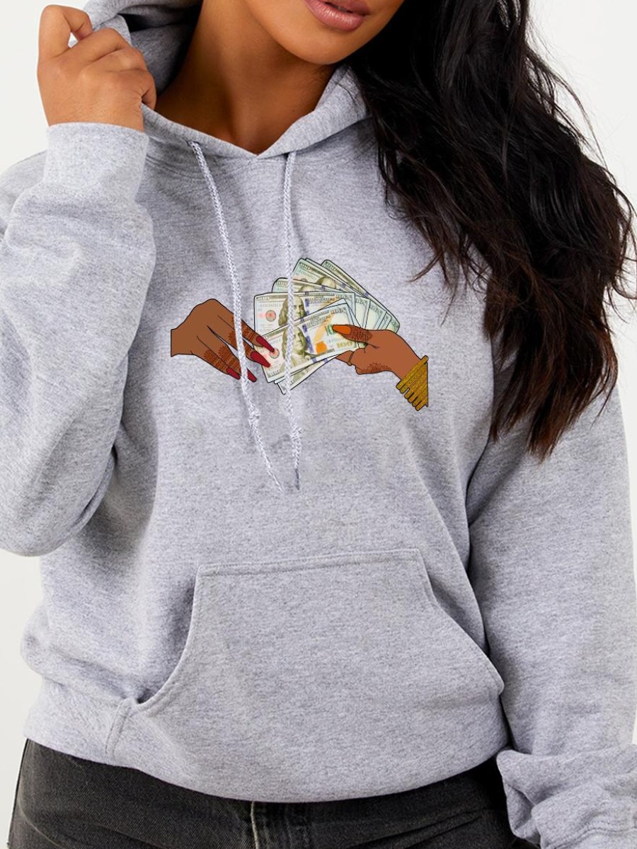 

LW Plus Size Money Print Kangaroo Pocket Hoodie, Grey