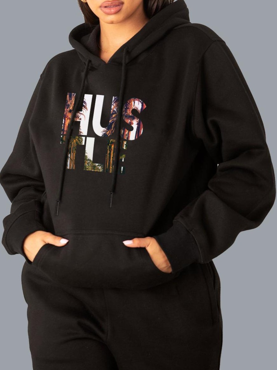 LW Plus Size Hooded Collar Letter Print Hoodie, Black