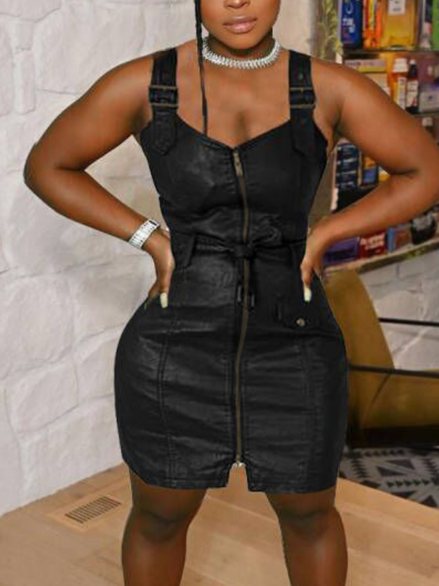 

LW SXY Adjustable Strap Belt Design Leather Dress, Black