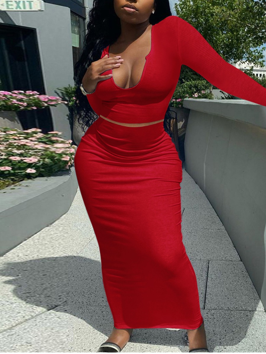

LW BASICS U Neck Skinny Skirt Set, Red