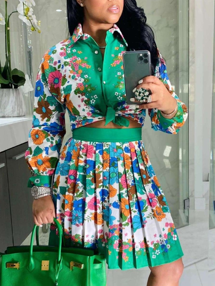 

LW Floral Print Pleated Skirt Set, Green