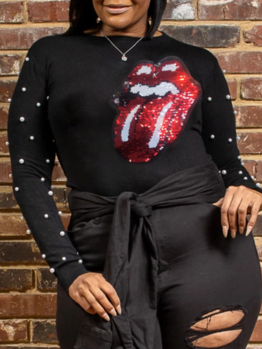 

LW Plus Size Lip Print Pearl Decoration T-shirt, Black