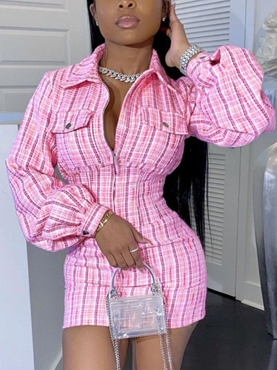 

LW Plaid Print Fold Design Bodycon Dress, Pink