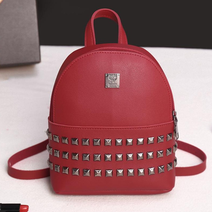 

LW Faux Leather Rivet Decor Backpack, Red